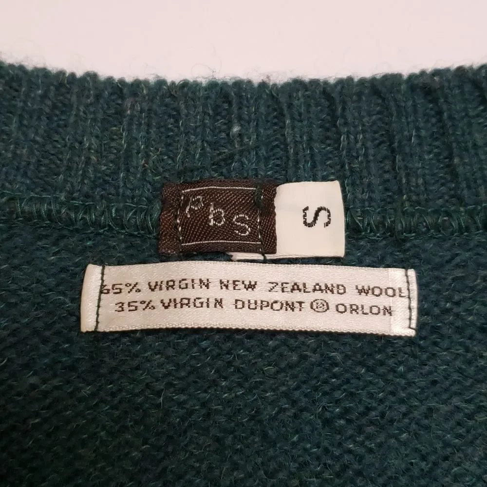 Vintage Sweater PBS New Zealand Virgin Wool Size S Pullover Forrest Green V-neck